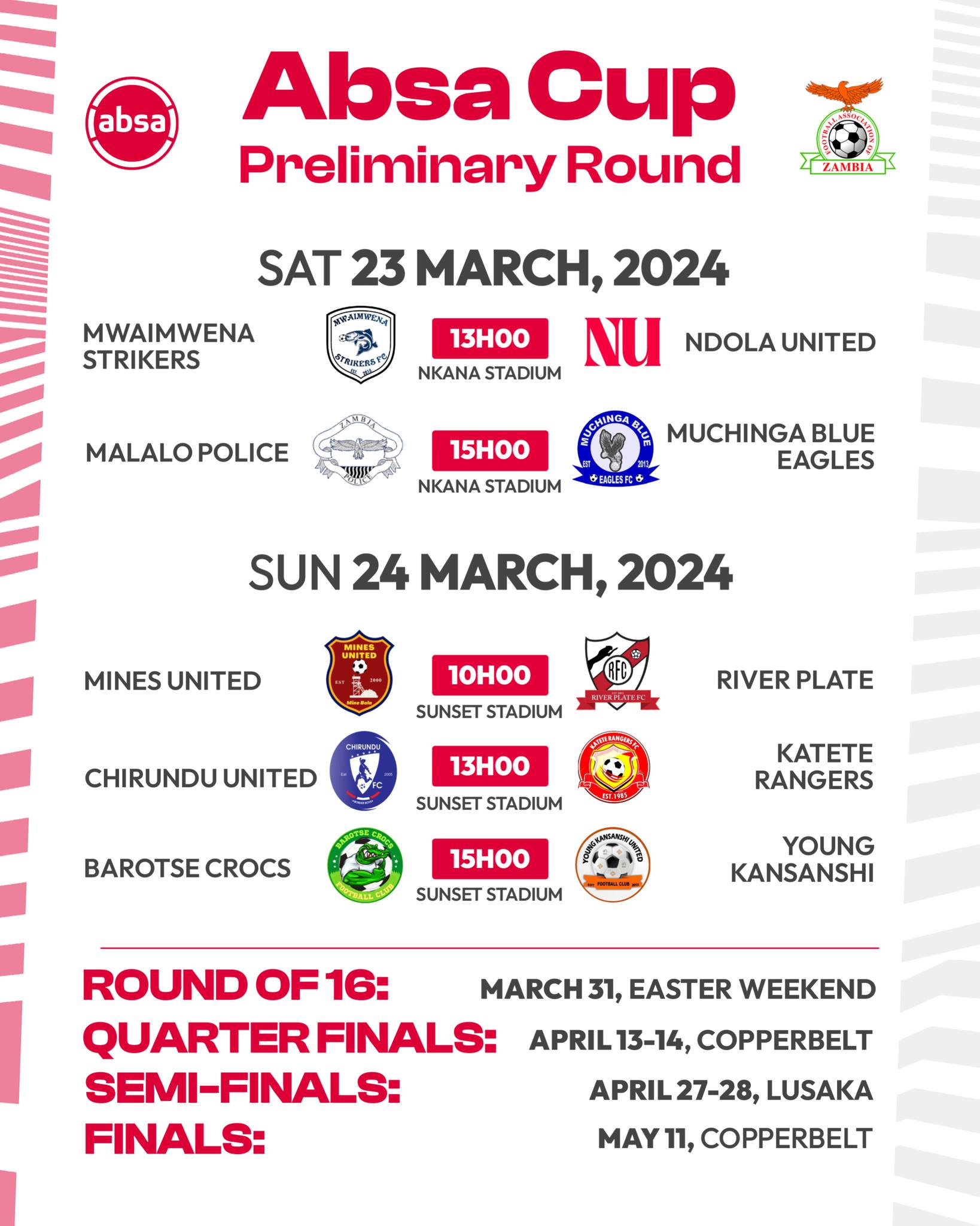 Don't miss #AbsaCup2024 Preliminary Round at Nkana and Sunset Stadiums this Weekend